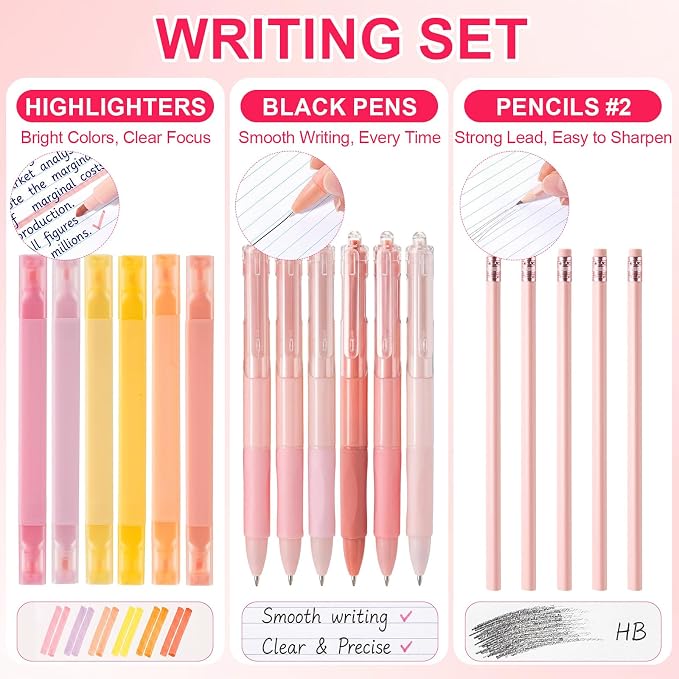 Eersida 117 Pcs Middle High School College Bundle Supplies Kit, Back to School Essentials, Includes Folders, Notebooks, Tab Dividers, Pencils, Highlighters, Calculator & More(Pink)