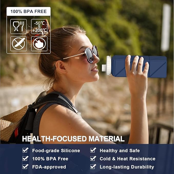 BEAUTAIL Collapsible Water Bottles 21oz/610mL, Silicone Travel Water Bottle | BPA Free, Leakproof & Reusable, Foldable Water Bottle for Traveling, Hiking, School, Sports, Outdoor, 2-Pack, Blue+DarkBlue