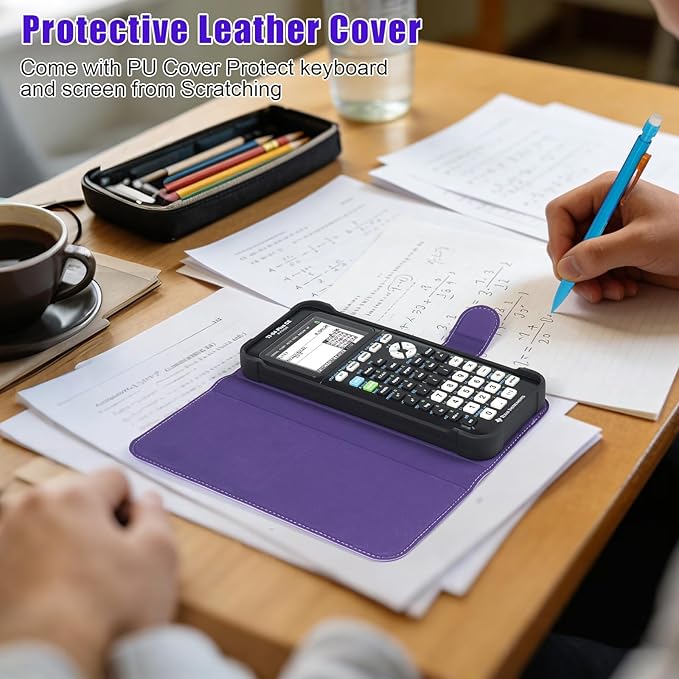 YouKnow PU Leather Protective Case Compatible with Texas Instruments TI-84 Plus CE Color Graphing Calculator with ID Card Slot (Only Case) (Purple)