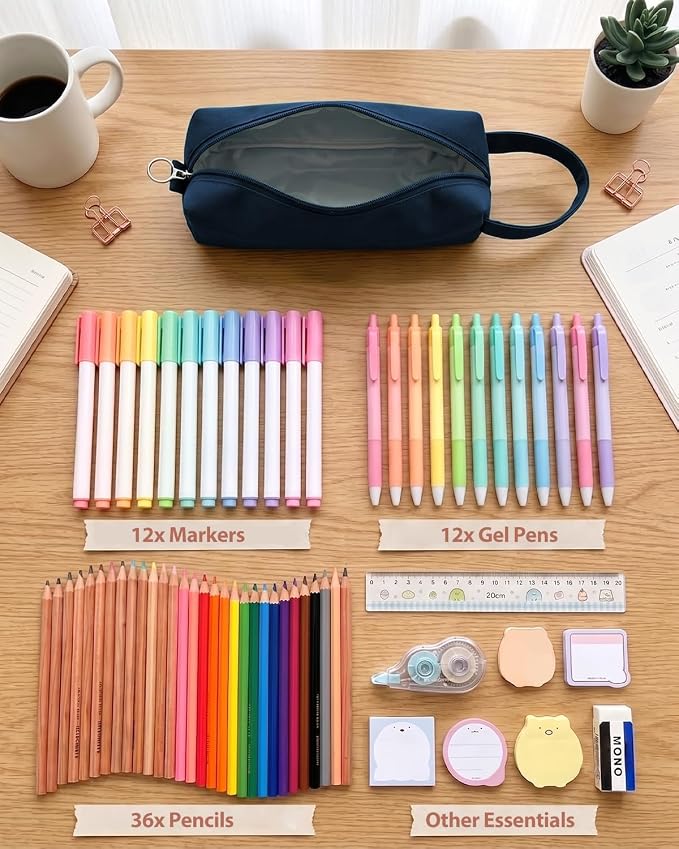 Fmeida Pencil Case Pouch, Back to School Supplies Gift for Boys Girls, Navy | Eco-Friendly Fabric, Water-Resistant, Inner Pocket, Carry Handle, for School & Office