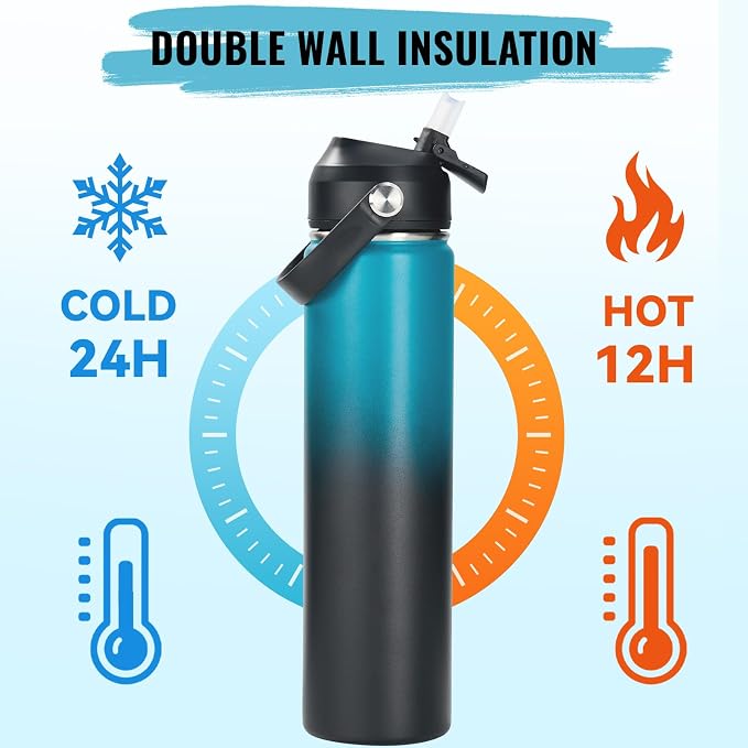 Fijinhom 24oz Insulated Stainless Steel Water Bottle, Wide Mouth Double Wall Vacuum, Silicone Straw, Sweat & Leak Proof, BPA Free Insulated Water Flask for Travel, Keep Cold 24h Hot 12h, Blue