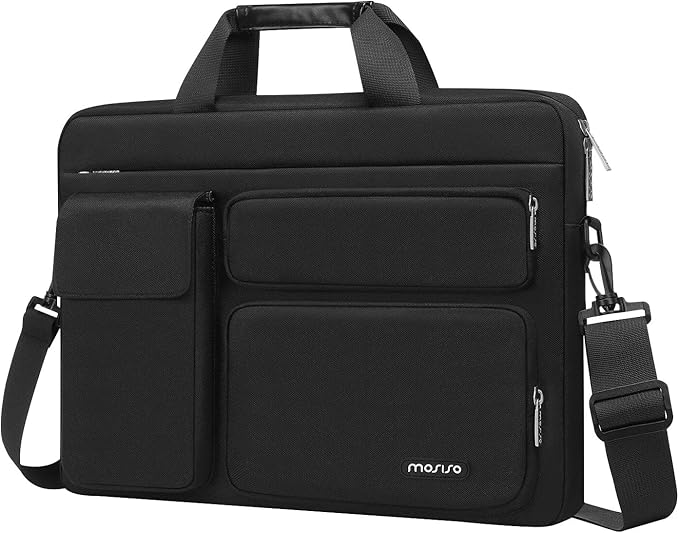 MOSISO Laptop Shoulder Bag 17.3 inch, 17-17.3 inch Computer Bag Compatible with Dell XPS/HP Pavilion/Ideapad/Acer/Alienware/HP Omen with 2 Raised&1 Flapover&1 Horizontal Pocket&Handle&Belt, Black