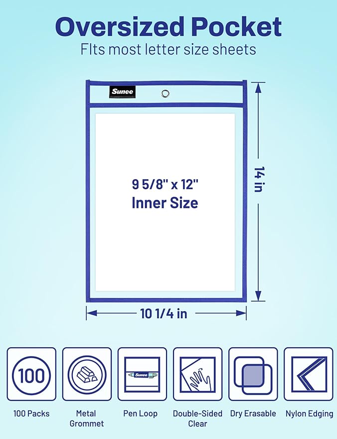 SUNEE 100 Packs Oversized Reusable Dry Erase Pocket Sleeves with 5 Rings, 10 Assorted Colors 10x14 Ticket Holders, Clear Plastic Sheet Protectors, Teacher School Classroom Supplies