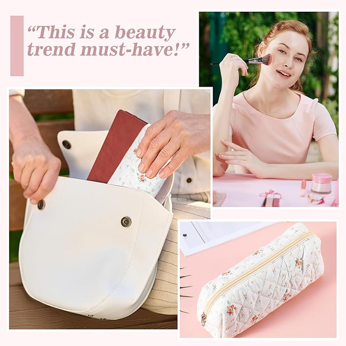 Cute Pencil Case, Aesthetic Flowers Pencil Pouch, Portable Pen Bag Wide Opening, Soft Quilted Pencil Pouch Organizer with Zipper for Office College Storage Makeup Pouch