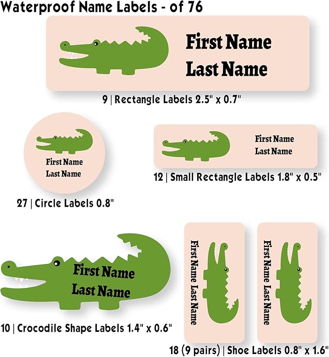 Personalized Kids Name Labels – Waterproof Custom Stickers for Daycare & School, Dishwasher & Laundry Safe (Crocodile - Light Yellow)