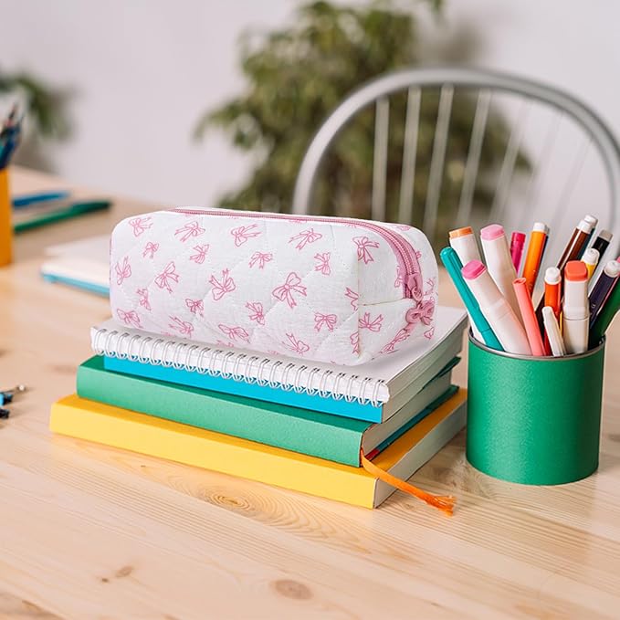 Pencil Pouch Cute Pencil Case Office Storage Bag Holder Box Organizer Aesthetic Bow Flower Pattern Makeup Pouch Cosmetic Bag for Women Girls
