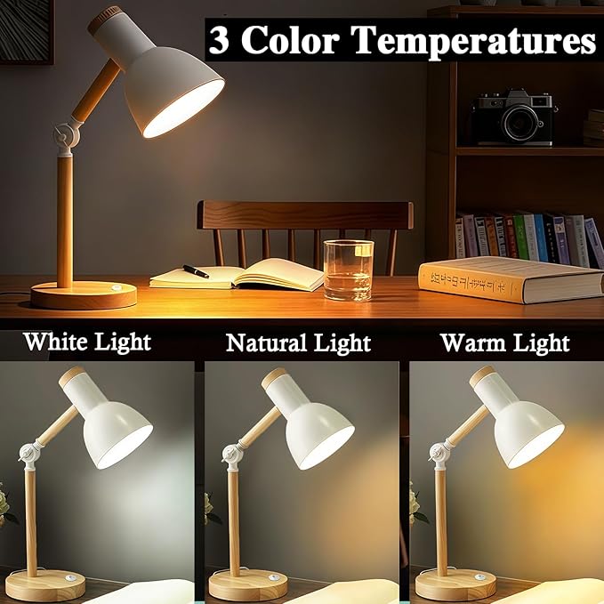 LED Desk Lamps for Home Office, Table Lamp with Adjustable Swing Arm 3 Color Modes Reading Light, Living Room Bedroom Room Lighting Bedside Table Lamps Home Decoration, with E27 Bulb (White lamp)