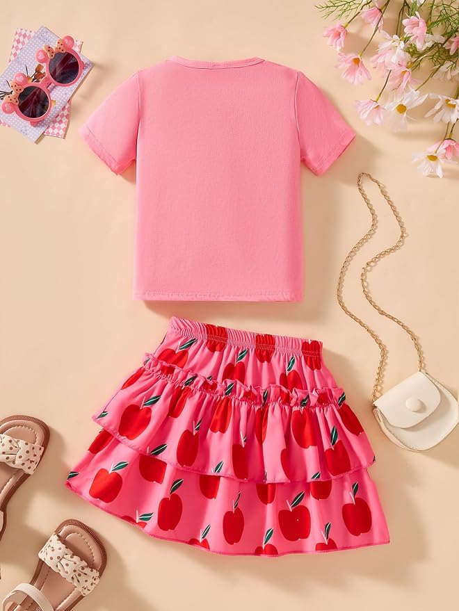 Little Girls Skirt Set - 2 Piece Short Sleeve Top Shirred Tiered Skirt Outfit Girls Spring Summer Clothes 3-8 Years