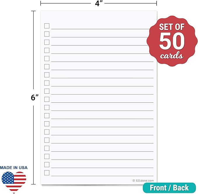 321Done Checklist Cards Large 4x6 – Made in USA – Pack of 50 - Index Cards, Double-Sided Notecards with Checkboxes for To Do List Checkboxes – Grocery Task Lists – Premium Thick Card Stock Plain White