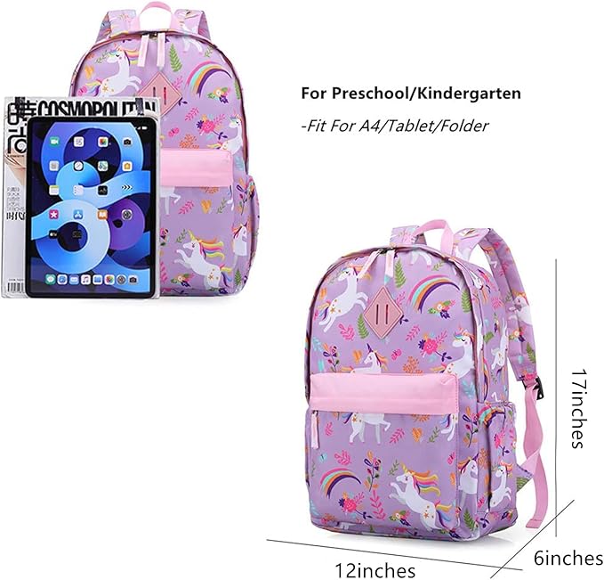 KK CRAFTS Preschool Backpack Kindergarten Little Kids Toddler Elementary School Backpacks for Boys and Girls with Chest Strap(17Inch, Purple Unicorn)
