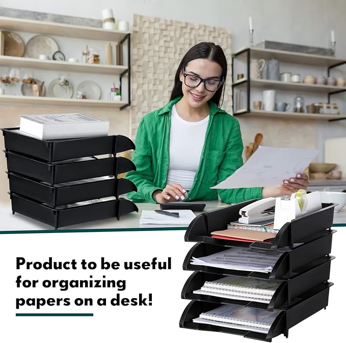 Fainne 8 Pcs Stackable Paper Trays Organizer for Desk 8 Layer Stackable Letter Trays Plastic File Organizer Tray and Stacking Supports for File Storage, 13 x 10 x 2.76'' (Black)