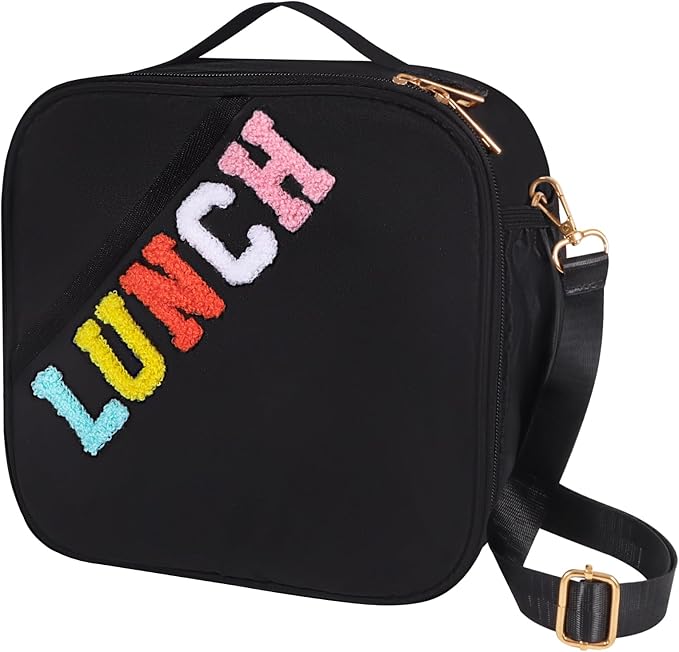 Nsrzua Insulated Lunch Bag With Adjustable Shoulder Strap, Reusable Lunch Bag for Kids, Girls, Boys, Women, Preppy Lunch Box for School, Travel, Picnic (Black)