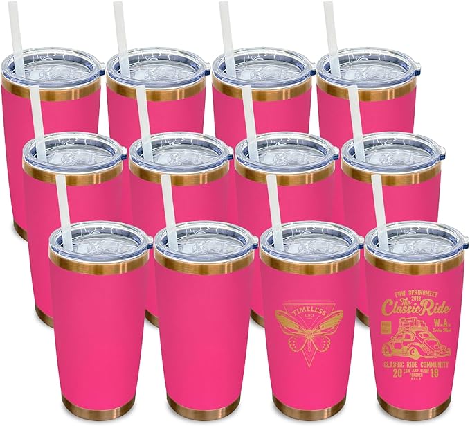 20 oz Tumbler Bulk 12 Pack Stainless Steel Tumblers with Lids and Straws, Double Wall Vacuum Insulated Travel Coffee Mug for Laser Engrave, Powder Coated Cup for Hot and Cold Drinks (Rosy,12 pack)