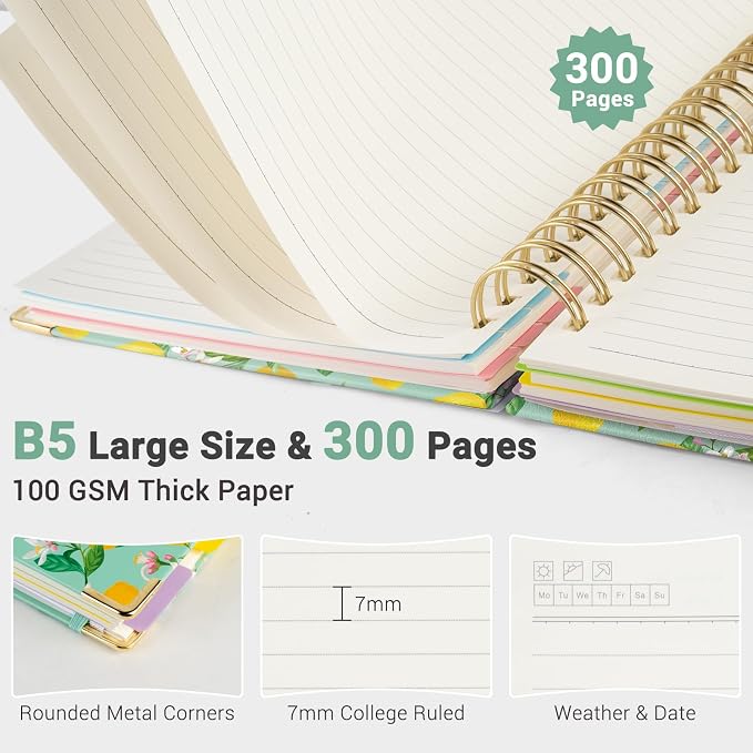 Hardcover Spiral Journal Notebook, 300 Pages 5 Subject Notebook College Ruled with Removable Dividers Tabs, 8" x 10" Notebooks for Work, Spiral Ruled Lined Writing Journal Hardcover Leather Notebook for School (Lemons and Flowers, 8''x 10'')