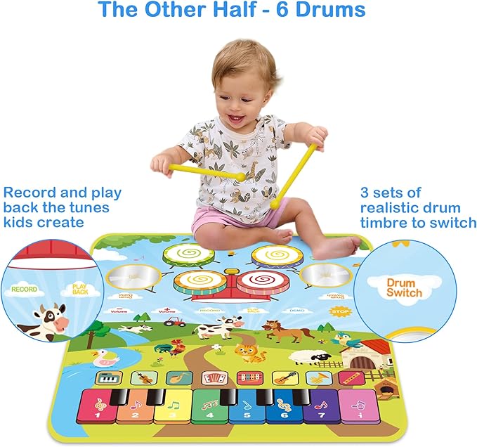 FOKI Piano Mats, 3-in-1 Animal Musical Play Mat with Piano & Drum for Montessori Sensory Early Educational Musical Learning Toys, Ideal Birthday Toy for Baby Girls, Boys, Toddlers, Ages 1-5 Years Old