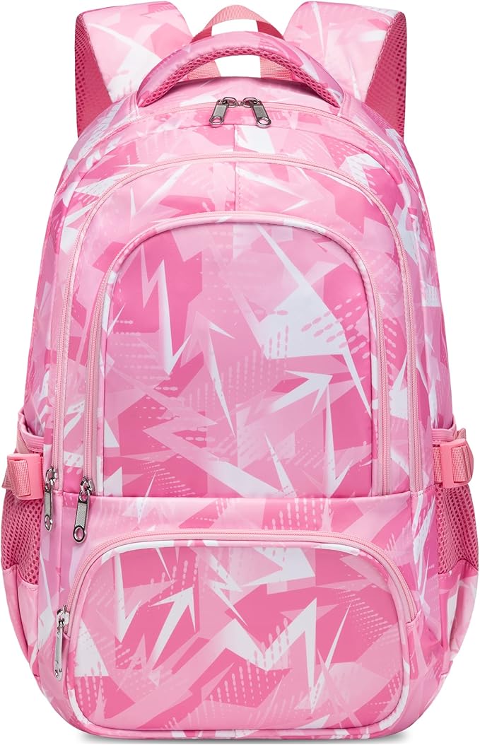 BLUEFAIRY Kids School Backpack for Boys Girls Ages 6-8 8-10 10-12 Elementary Middle School Book Bags with Laptop Compartment Mochilas Escolares para Niños Niñas de 8 10 12 Años (Pink, Geometric)