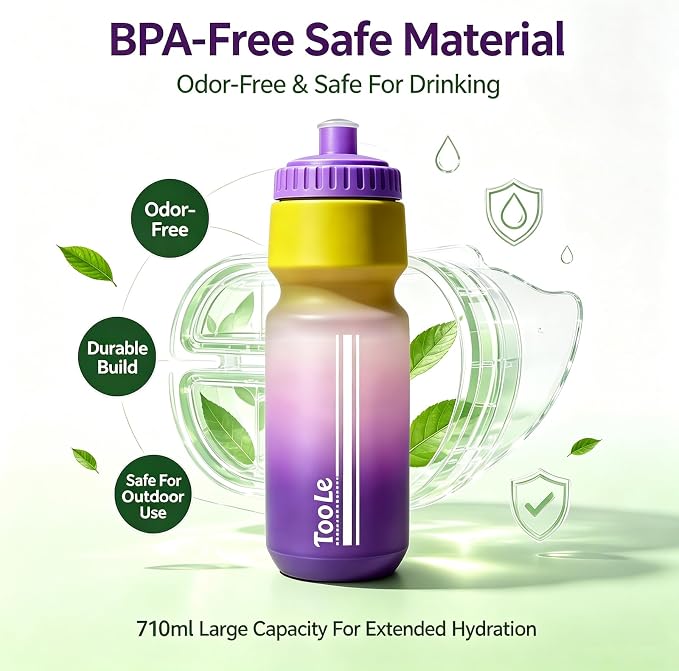 2 Pack Bike Water Bottle, Squeeze Water Bottle Leakproof BPA Free 24Oz | with Capacity Scale w/Pull Top Lid, Reusable, for Bicycle, Gym,Camping, Hiking