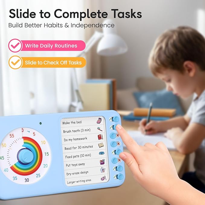 2-in-1 Visual Timer with Task Board for ADHD & Autism, Dry Erase Chore Chart and Visual Schedule for Kids & Adults, Rainbow Countdown Timer for Classroom, Home, Homeschooll (Blue)