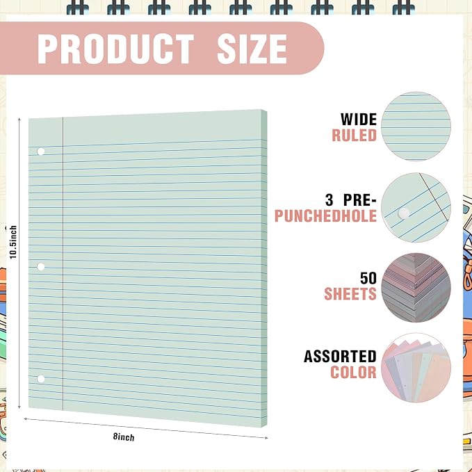 PerKoop 12 Pack 600 Sheets Loose Leaf Paper 8" x 10.5",Fantasy Color