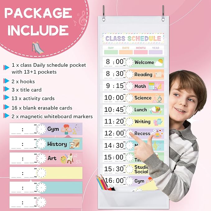 Kolldenn Daily Schedule Pocket Chart, 13+1 Scheduling Pocket Chart with 32 Pieces Reusable Cards Visual Schedule for School Office Home Preschool Activity(Pastel)
