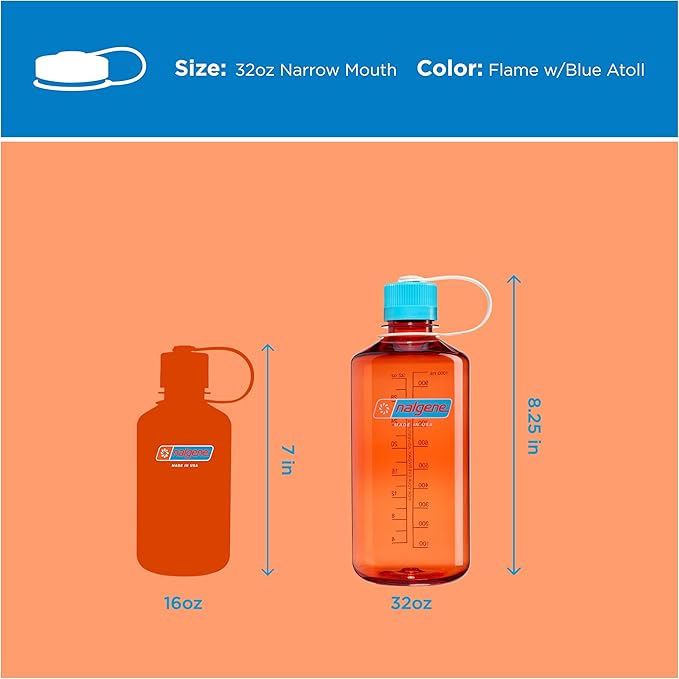 Nalgene 32 oz Narrow Mouth Water Bottle | BPA-Free, Durable & Leak Proof, Lightweight for Hiking & Gym – Thrill & Motion, Flame w/Blue Atoll