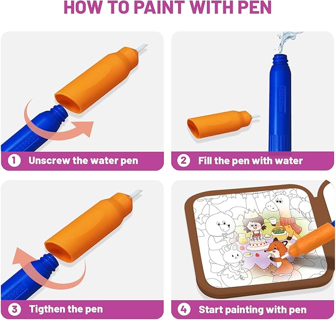 BlivEclat Water Coloring Book for Toddlers 1-3 - Mess Free Reusable Magic Reveal Montessori Painting Book with Water Pen - No Mess Paint with Water Activity for Kids Ages 2-4