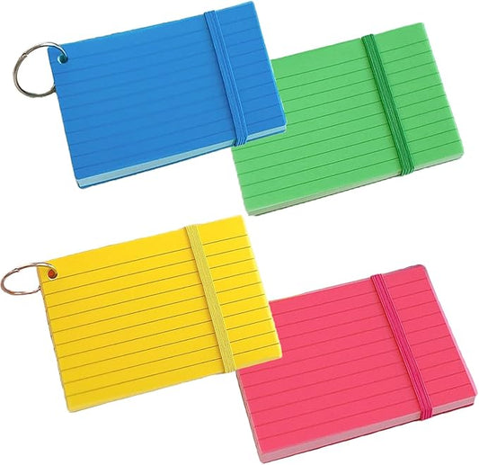 200 Count Colored Index Cards, 3x5 Inch with Key Ring, Portable Note Taking Study Note Cards for Office Home