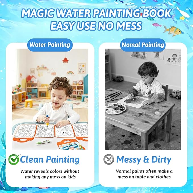 BlivEclat Magic Water Coloring Book for Toddlers 1-3 - Reusable Kids Water Painting Book with Pen - No Mess Montessori Activity - Paint with Water Books for Ages 2-4, 3-5