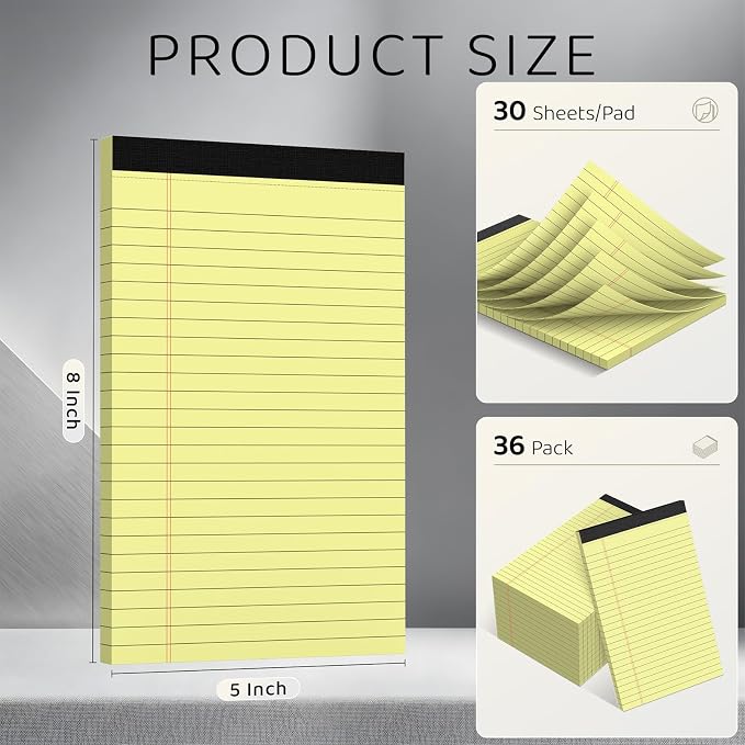 5x8 Lined Notepads 36-Pack - White Ruled Memo Pads with Firm Backing for Daily Lists, School Notes & Office Reminders | Smooth No-Bleed Paper for Students, Teachers & Professionals