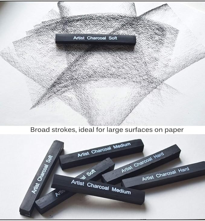 Artist Compressed Charcoal Stick Assorted Soft Medium Hard Artist Charcoal Medium for Drawing Sketching Shading, Art Supplies Sketch Kits Tools Pack of 6