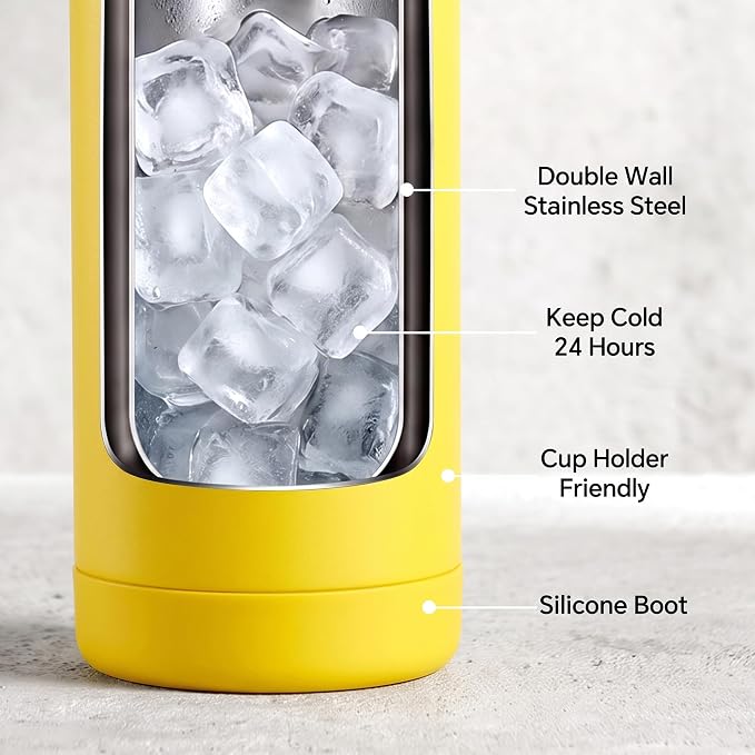 Fijinhom 18oz Insulated Stainless Steel Water Bottle, Wide Mouth Double Wall Vacuum, Silicone Straw, Sweat & Leak Proof, BPA Free Insulated Water Flask for Travel, Keep Cold 24h Hot 12h, Yellow