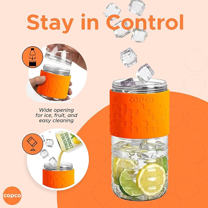 Copco Hydra 16.9 oz Water Bottle, Set of 2 – Leak Proof, BPA Free Tritan, Dishwasher Safe, Twist-Open Body, Non-Slip Silicone Grip, Perfect for Travel, Gym, Work & Outdoor Adventures (Orange)