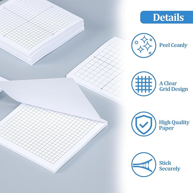 6 Packs Graph Paper Sticky Notes 300 Sheets 3 x 3 Inch Mini Graph Pads 20 x 20 Four Quadrant X Y Axis Coordinate Plane Post It Adhesive Grid Sticky Notes for Office School Math Supplies（6style）