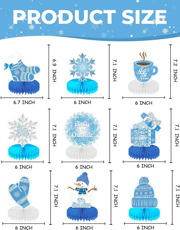 Winter Centerpieces for Table - 9Pcs Snowflake Table Decorations, Let It Snow Party Decorations Snowflake Snowman Honeycomb Centerpieces for Christmas Winter Wonderland Birthday Party Supplies