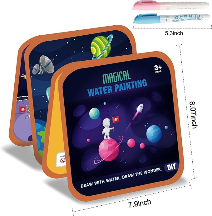 Seashang 2 Pack Reusable Water Coloring Book for Toddlers,Space & Zoo Themes Magic Water Painting Books Mess-Free Coloring Book with Water Pen for Kids Ages 3+