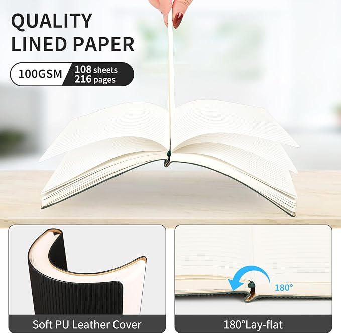 TSFPapier A5 Lined Notebook with Pen & Gift Box 216 Pages PU Leather Journals for Women Men 100GSM Thick Paper College Ruled Notebook for School,Travel,Business,Work,Home Writing (Black)