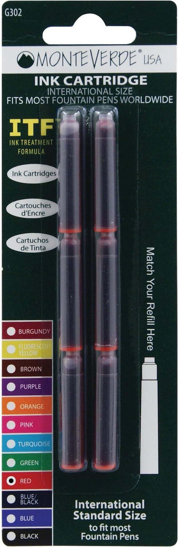 Monteverde Internatinal Size Cartridge to Fit Fountain Pens, Red, 6 per Pack (G302RD)