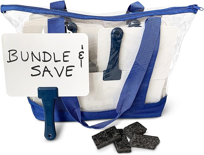 Trainers Warehouse Deluxe Whiteboards Combo Set: 30 Two-Sided Dry-Erase Answer Boards with Tote Bag & Mini Erasers | Sturdy, Easy-to-Hold & Clean, Blue Handles (6" x 7.75")