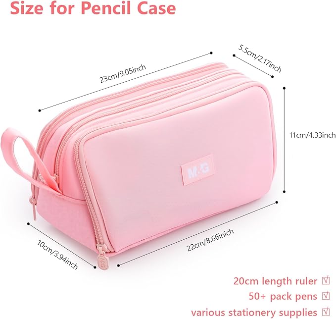 M&G Large Pencil Case, Big Capacity Pencil Pouch with 3-layer Compartment, Portable Handheld Pencil Bag, Cute School Stationery Organizer for Boys Girls Men Women, Ideal for Office School, Pink