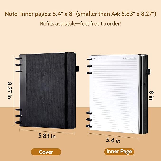 Yoment Leather Notebooks for Work Refillable 224 Page Lined Journal for Men, 100 GSM Thick 5 Subject Notebook with Removable Dividers Tabs Hardcover Notebook for School Note Taking 6.1 x 8.3,Black