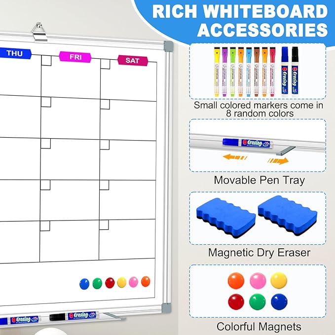 Magnetic White Board Calendar Dry Erase for Wall 48" x 36", Monthly Calendar Whiteboard Dry Erase Board Wall Mounted Board, Colorful Calendar Board for Office, School, Home, Kitchen,Store