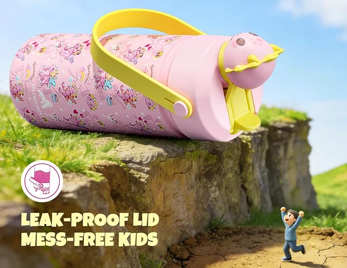 POWCAN 18 oz Kids Water Bottle: 2-in-1 Straw Spout Lid with Soft Animal Head, Leakproof, Backpack Friendly, Keep Cold 24H, Cute Patterns, Insulated Cup for School, Playtime, Trip, Gift (Lovely Trike)