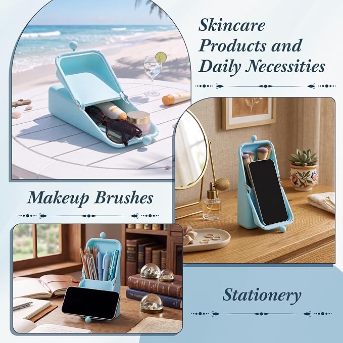 Kacctyen Makeup Brush Case Silicone Standing Makeup Brush Holder,Blue | Silicone Make up Travel Bag with Suction Portable Cosmetic Organizer Phone Stand Pouch for Travel Home Back to School Use