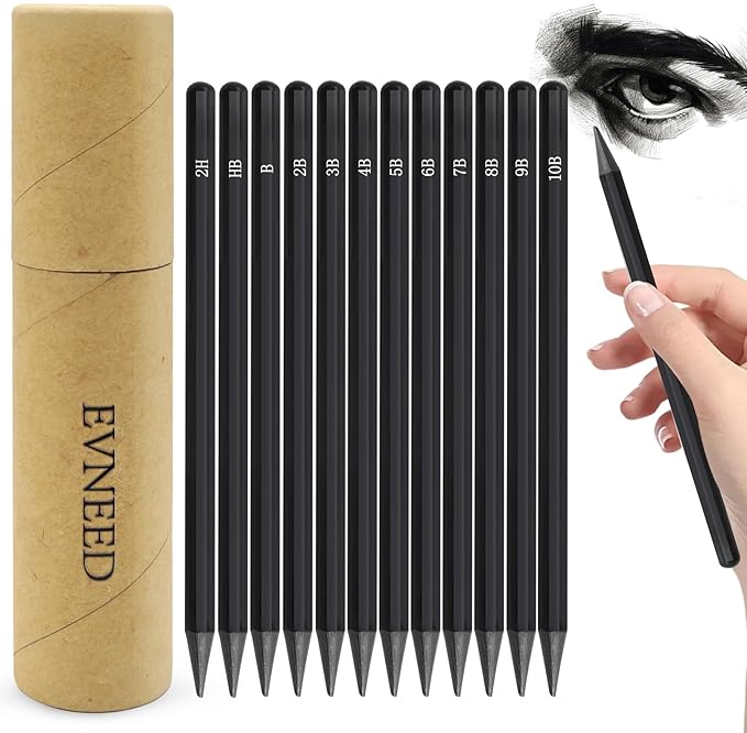 EVNEED Woodless Pencil Set,12 pcs Non-wood Graphite and Charcoal Sketching for Drawing,Writing,Shading,Color Black-Set of 12