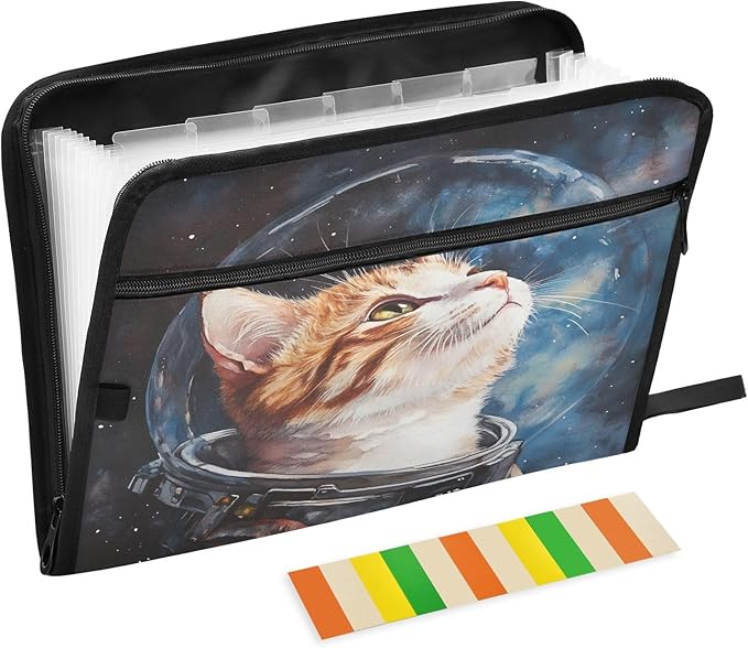 Cat Astronaut Watercolor 13 Pocket File Organizer Expanding File Folder with Front Pouch Portable Business File Storage Document Organizer Folder with Zipper