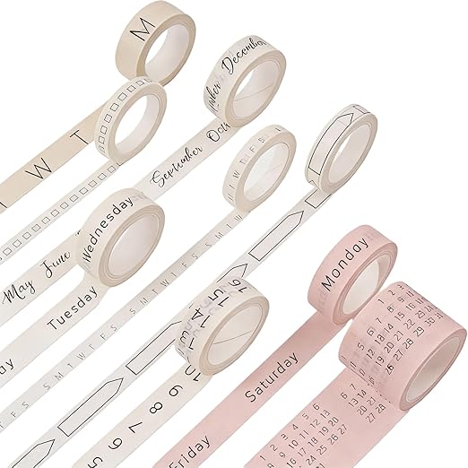 Chuangdi 9 Rolls Calendar Washi Tape Set Day Week Month Number Vintage Calendar Date Washi Masking Tape Decorative Patterned Marking for Arts Crafts Journal Planner (Light Brown, Beige, Pink)
