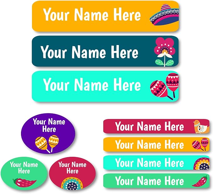 Lovable Labels Personalized Labels for Kids (85 Labels/Pack) - 3 Label Sizes Waterproof Dishwasher Safe Peel & Stick Labels for School Supplies Daycare Camp Clothing Bottles (Cinco de Mayo)