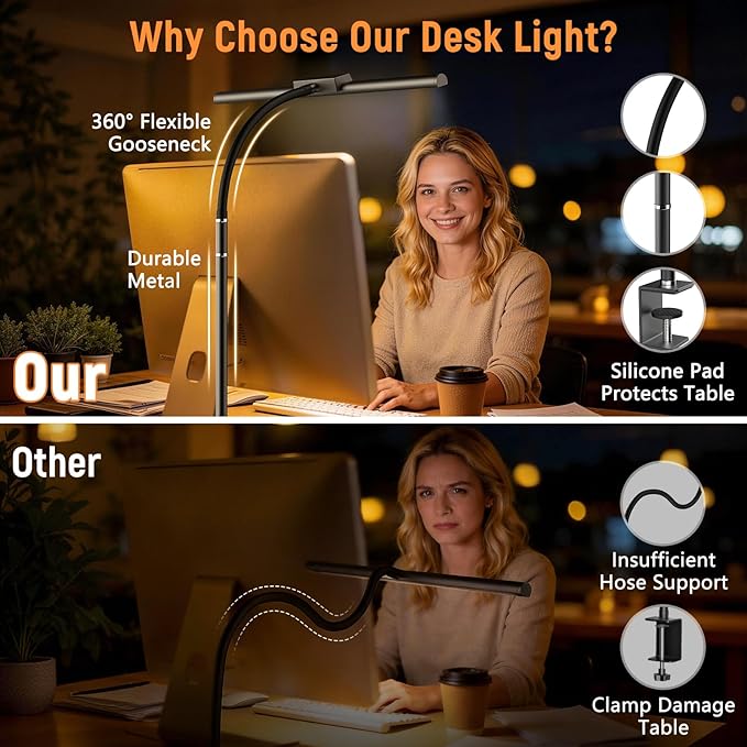 LED Desk Lamp for Home Office, Flexible Gooseneck Desk Lamp with Clamp, 5 Color Touch Control Stepless Dimming Adjustable Eye-Caring Desk Light with Adapter for Reading, Drafting, Study, Workbench