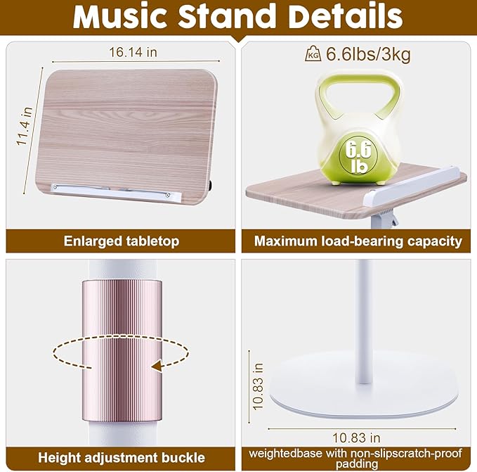 2 in 1 Dual-use Music Stand & Desktop Book Stand, Adjustable Height 16.5"-51", 100% Solid Wood Laptop Floor Stand Book Holder with Elastic Page Clips for Cookbooks, Sheet Music (White)