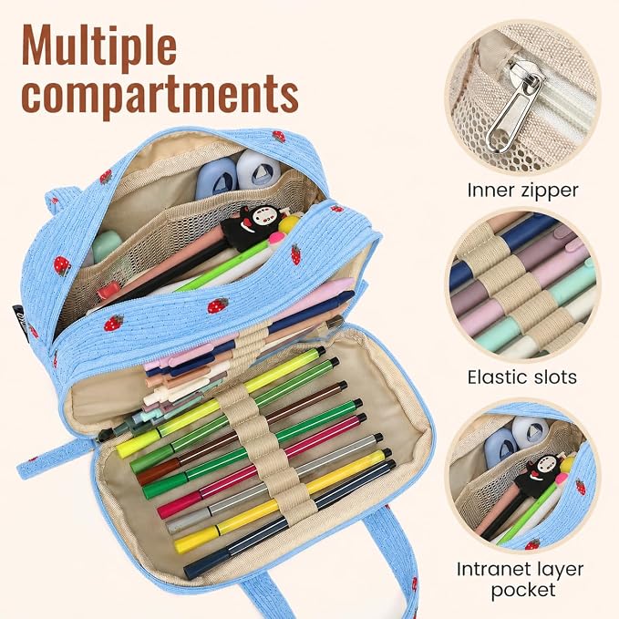 Large Pencil Case Pouch, Extra Big Pencil Bags with Zipper, Cute Corduroy Pencil Pouch with 5 Compartments, Pen Bag Wide Opening, Pencil Pouch Organizer, Pencil Box for Teen Girls Adults